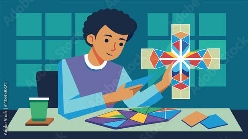 A young boy carefully placing delicate stained glass pieces together to create a magnificent depiction of a cross in his stained glass art class.. Vector illustration