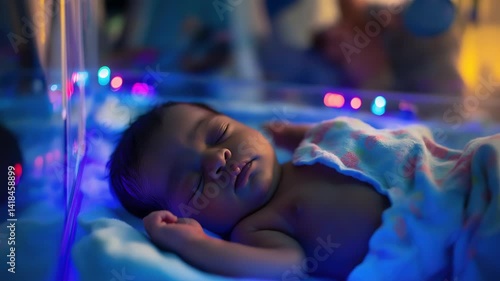 Premature new born baby in the hospital incubator. Neonatal intensive care unit	
