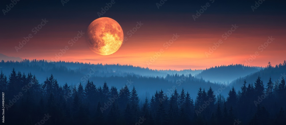 Fototapeta premium A large orange moon hangs above a forested mountain landscape