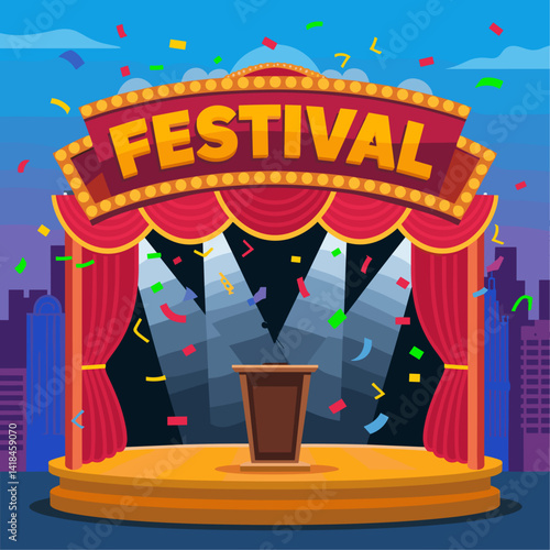 This lively festival stage features a bold 'FESTIVAL' sign, sparkling confetti, and a spotlight, making it ideal for event promotions and celebration themes. Capture the excitement!