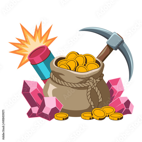 Dive into the world of treasure hunting! This colorful graphic showcases a miner's pickaxe, a bag of gold coins, and sparkling gems, perfect for adventure-themed projects.