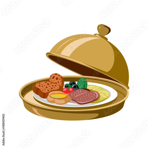 Indulge in this visually appealing gourmet platter featuring a variety of tasty components, beautifully presented under a sleek gold dome. Perfect for food-related projects.