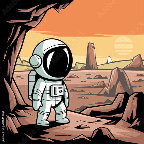 A whimsical astronaut stands at the mouth of a cave on a distant planet, gazing at surreal rock formations and a vibrant sunset. Perfect for space exploration themes!