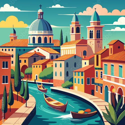 Scenery of the old city of Venice. Ancient buildings, St. Mary's Cathedral and a water channel.
