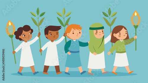 Each child carefully holds their palm branch understanding the significance of their role in the Palm Sunday procession.. Vector illustration