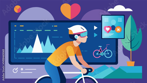 A VR cycling tour where the riders heart rate is monitored and displayed on a screen in front of them simulating an outdoor ride.. Vector illustration