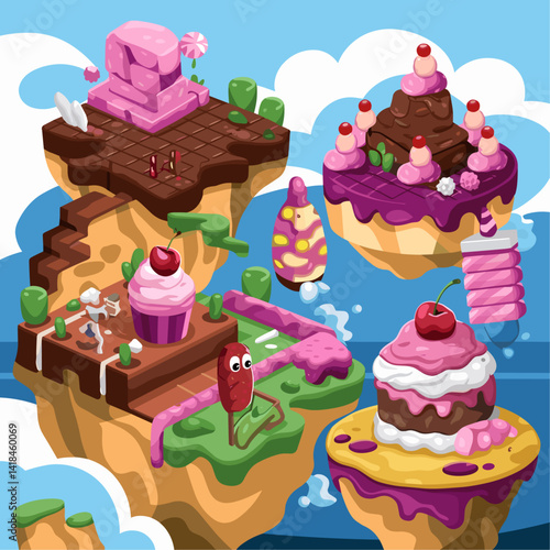 Explore a vibrant fantasy world where dessert islands float in a sugary sky. Delight in colorful cupcakes, candy canes, and luscious cream, perfect for creative projects!