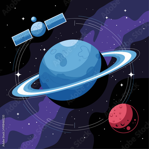 Explore this colorful digital artwork showcasing a blue planet with rings, a red planet, and a satellite orbiting above. A stunning representation of the cosmos.