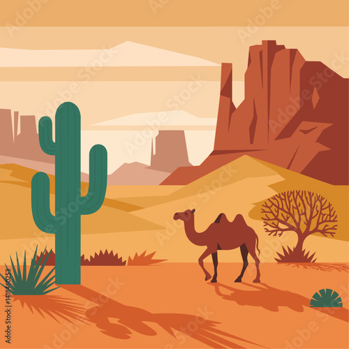 Explore a captivating desert scene featuring a serene camel, towering cacti, and stunning rocky formations under a warm sunset sky. Perfect for travel and nature themes.