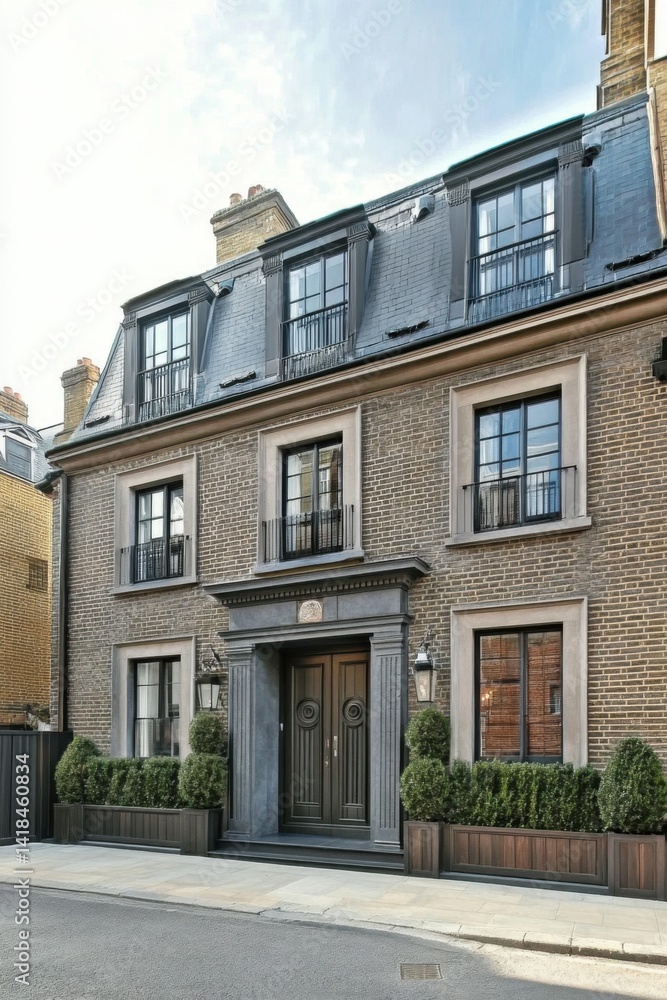 Modern brick house with a classic design featuring large windows and elegant entrance located in an upscale neighborhood on a sunny day Modern brick house with a classic design featuring large windows and elegant entrance located in an upscale neighborhood on a sunny day