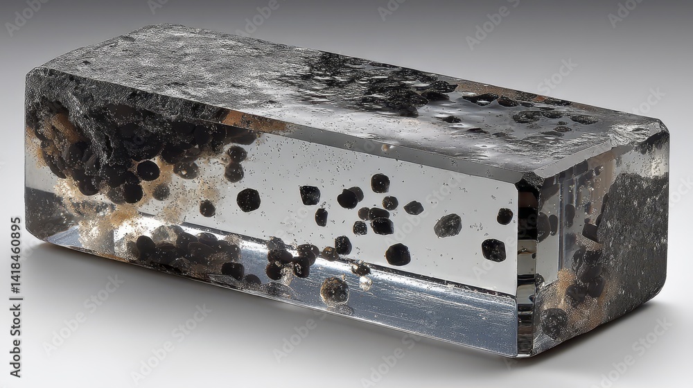 Dark rectangular stone with visible mineral inclusions - geology vintage earth material Dark rectangular stone with visible mineral inclusions - geology vintage earth material