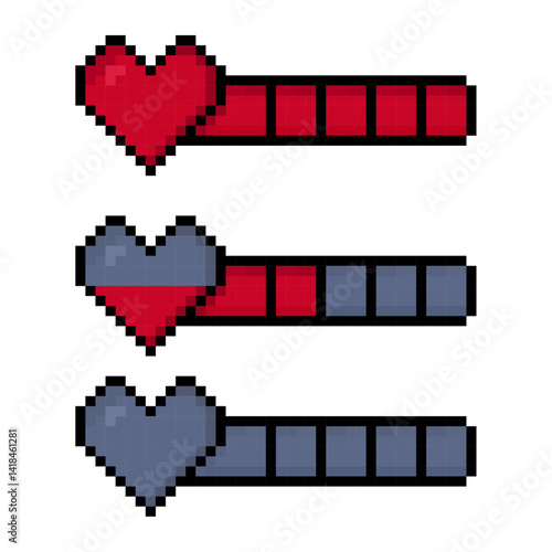 Pixel heart health bar in stages, Game Life Indicator, Pixel Art UI Element, 8-Bit Gaming Graphic, Health Bar Progress Levels, Retro Game Design Element, hp bar for retro games, 8-Bit.