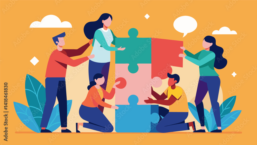A group activity requires participants to work together to solve a complex puzzle emphasizing the value of teamwork in overcoming challenges.. Vector illustration