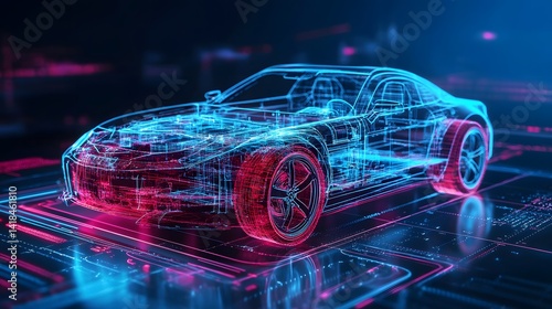 A car is shown in a futuristic setting with a blue and red color scheme. The car is designed to look like a futuristic vehicle with a sleek and modern appearance
