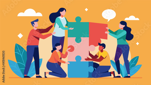 Obraz na płótnie A group activity requires participants to work together to solve a complex puzzle emphasizing the value of teamwork in overcoming challenges.. Vector illustration w salonie