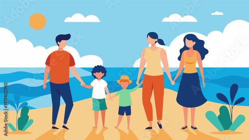 A family bonding over the common goal of preserving the beachs beauty for generations to come.. Vector illustration