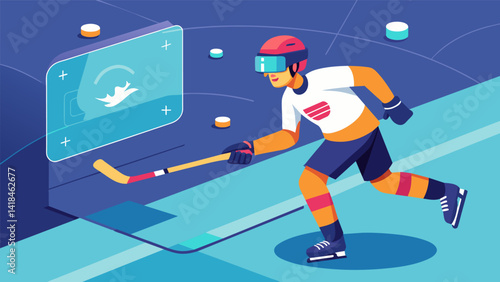 A VR hockey training module that utilizes motion tracking to improve players stickhandling abilities and reaction time on the ice.. Vector illustration