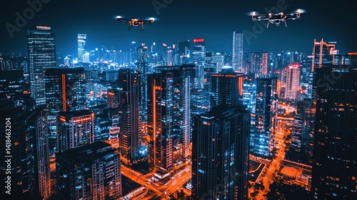 Wallpaper Mural Man observes flying drones in a vibrant urban setting at night with neon lights illuminating the surroundings Torontodigital.ca