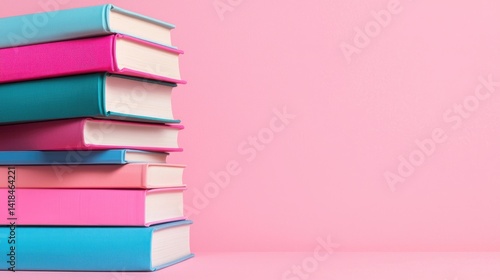 Stack of colorful books against a pink background