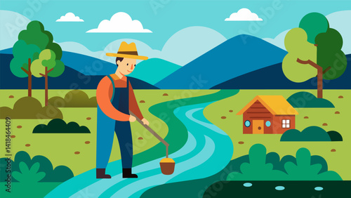 A farmer implementing sustainable practices on their land to reduce runoff into the nearby river.. Vector illustration