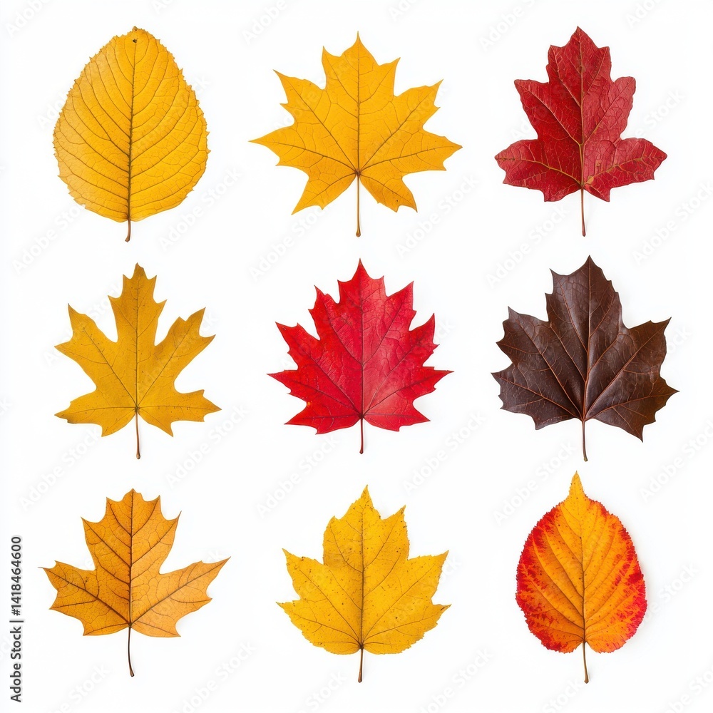 Nine vibrant autumn leaves in yellow red and brown colors are arranged in a neat grid on a pure white background ideal for fall themed designs and seasonal projects. Nine vibrant autumn leaves in yellow red and brown colors are arranged in a neat grid on a pure white background ideal for fall themed designs and seasonal projects.