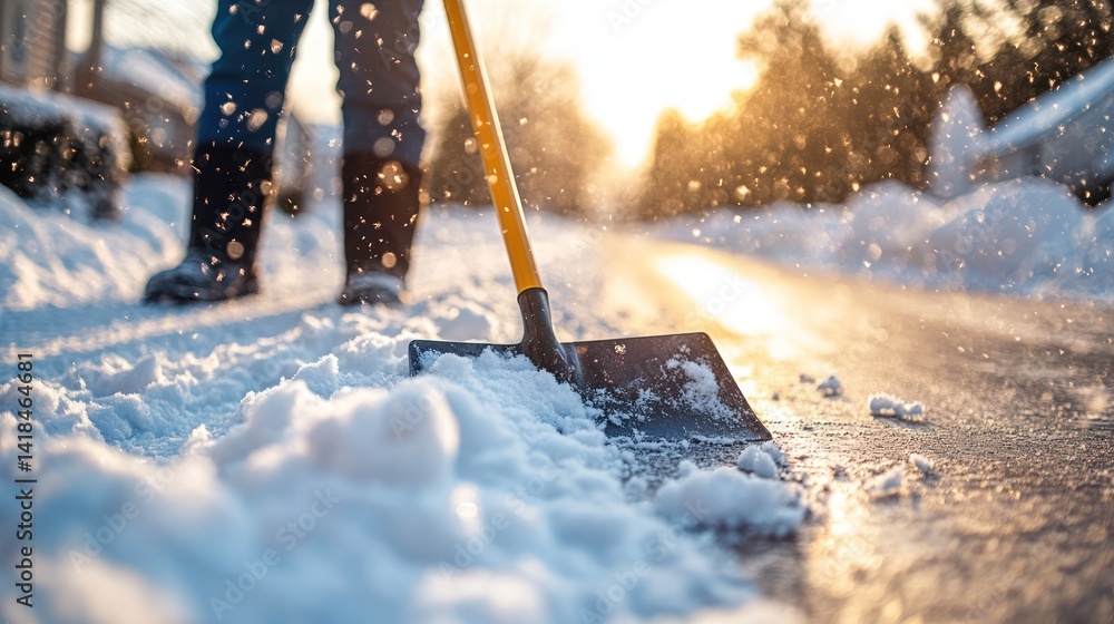 Winter scene: person shoveling snow illuminated by the warm sunlight Winter scene: person shoveling snow illuminated by the warm sunlight