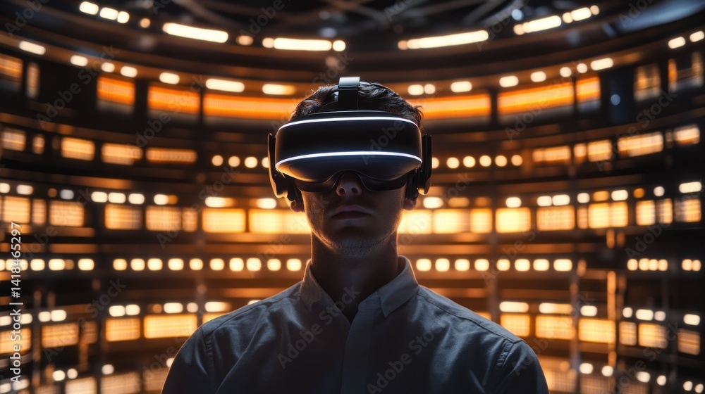 Man in VR Headset: Futuristic Cyberpunk Ambiance Man in VR Headset: Futuristic Cyberpunk Ambiance
