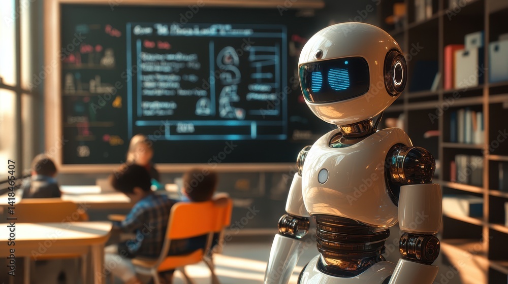 Robotic teacher assists children in a classroom setting with advanced technology and interactive learning Robotic teacher assists children in a classroom setting with advanced technology and interactive learning