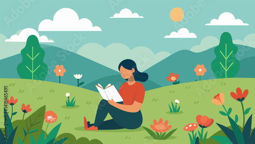 A peaceful meadow filled with wildflowers and a person resting in its midst while reading the Bible and finding inner peace.. Vector illustration