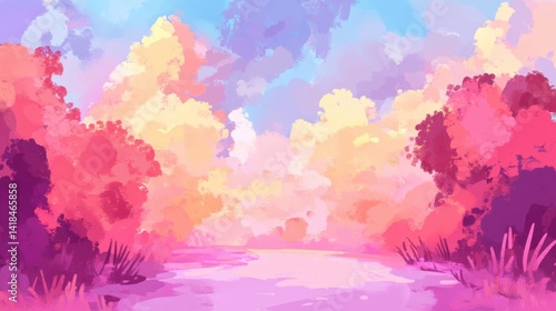 Dreamy watercolor landscape with pink  golden trees bordering a pastel river under colorful clouds