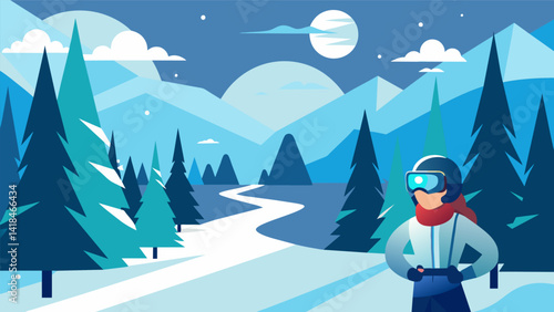 Immerse yourself in a tranquil winter scene as you glide through a peaceful snowcovered forest in the VR crosscountry skiing simulator.. Vector illustration