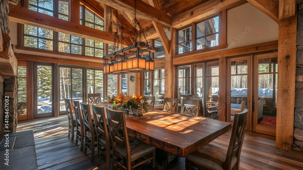 A rustic dining space featuring a large wooden table and chairs, bringing warmth and charm A rustic dining space featuring a large wooden table and chairs, bringing warmth and charm