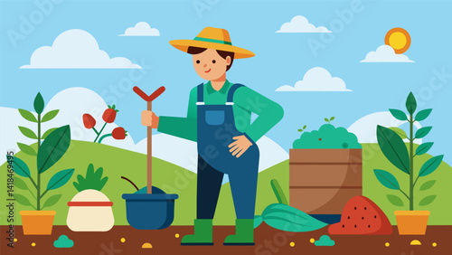 A farmer employs the use of compost and natural fertilizers to enrich the soil reducing the need for chemical fertilizers and promoting sustainable. Vector illustration