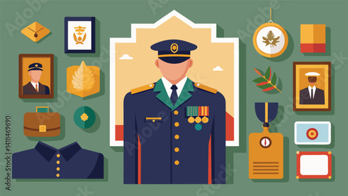 A poignant display of military memorabilia including uniforms medals and photographs on loan from members of the congregation.. Vector illustration