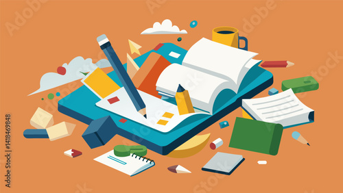 A pile of mixed media supplies tered around an open journal ready to bring to life the inner world of its owner.. Vector illustration