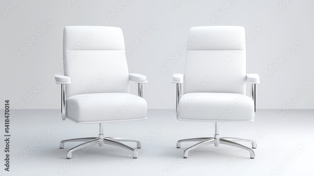 Fototapeta premium White Executive Chairs Chrome Base Minimalist Style High-Resolution Studio Lighting Frontal Two-Chair View Clean Lines Modern Design Waiting Area Bright White Corporate Setting