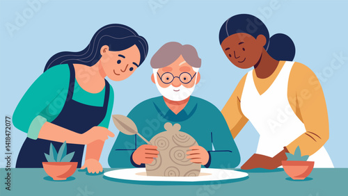 Ast a group of adults a senior woman carefully carves intricate patterns into her clay creation her years of experience evident in the precision of. Vector illustration