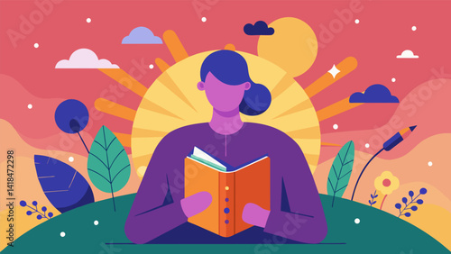As the sun rises higher so does my inspiration as I fill my journal with creative musings and personal revelations.. Vector illustration