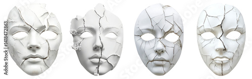 Cracked Artistic Masks Representing Emotions and Fragility of Identity, Isolated on Transparent Background