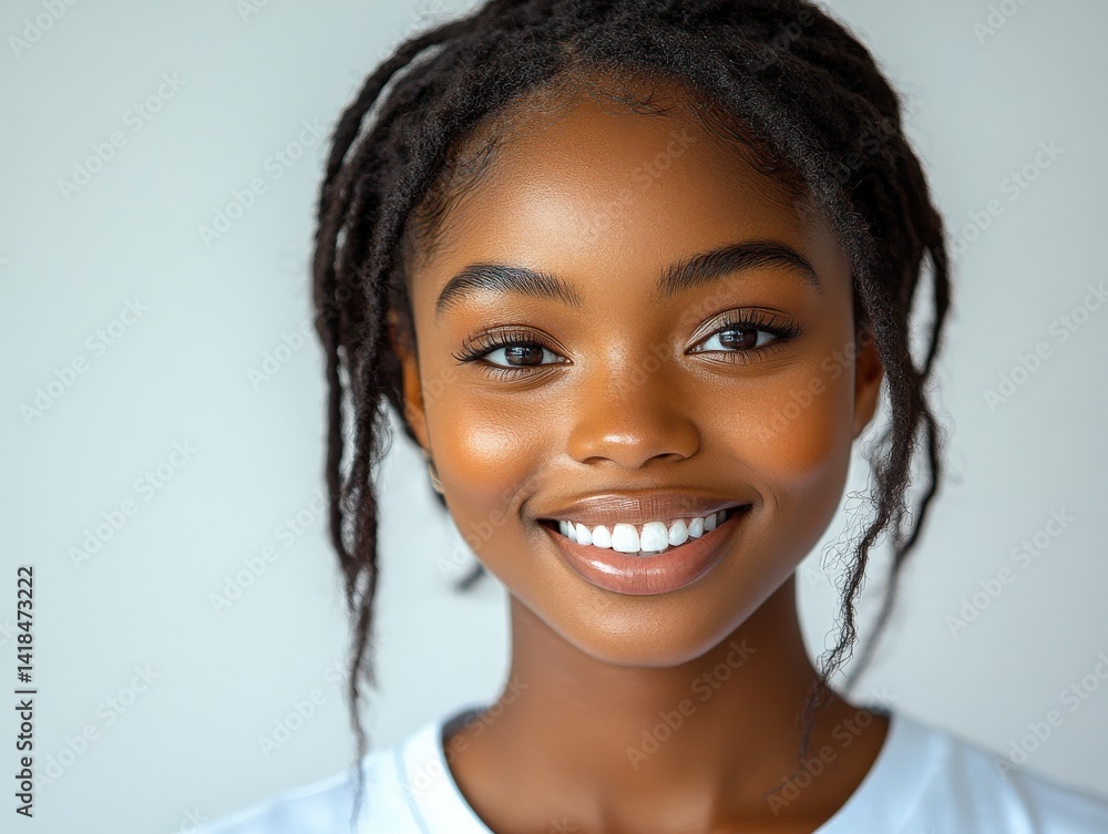 A close-up portrait of a smiling young woman with dark skin and dreadlocks A close-up portrait of a smiling young woman with dark skin and dreadlocks