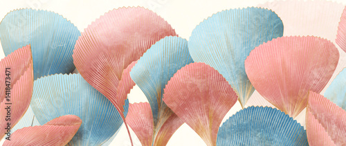 Abstract art background with tropical plant leaves in pink and blue colors in line style. Botanical banner with exotic plants for decor, print, wallpaper, textile, interior design.