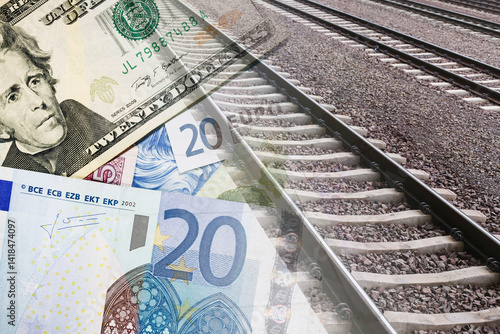 Train tracks with money. Railway and banknotes. Ticket price concept. Public transport cost. Financial travel theme. Railroad expenses. Journey budget. Currency and transport merge.