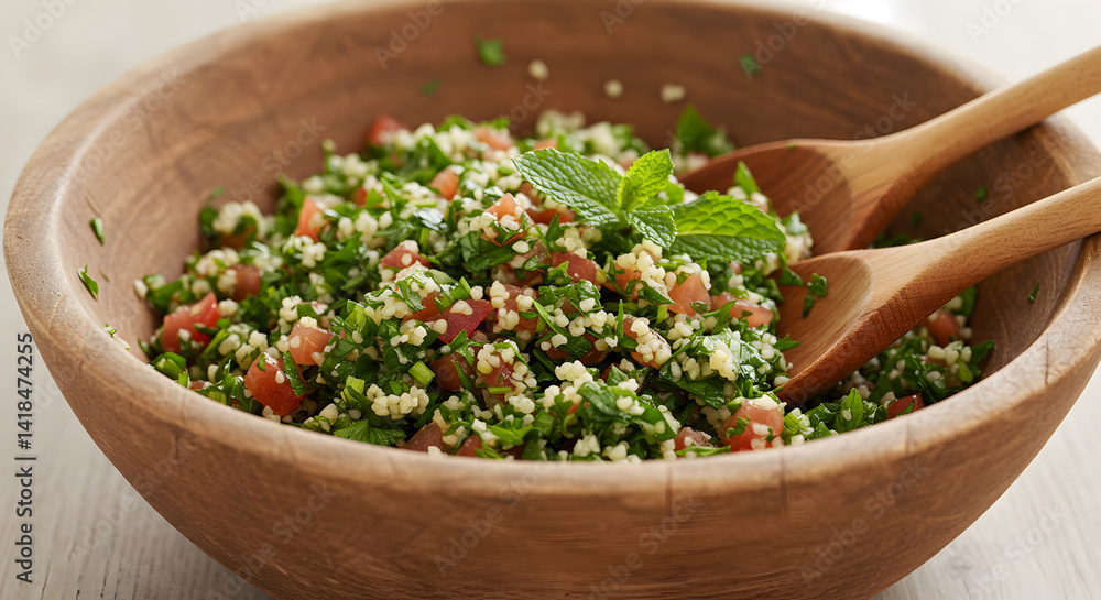 Traditional Middle Eastern Tabbouleh Salad Served in Wooden Bowl Traditional Middle Eastern Tabbouleh Salad Served in Wooden Bowl