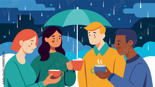 As rain poured down outside a group of friends huddled together in a cozy bat holding umbrellas and sipping warm tea. Despite the storm their spirits. Vector illustration