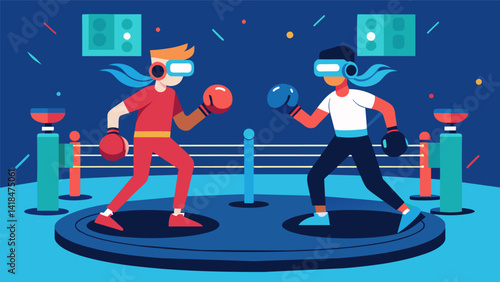 In a virtual reality boxing match teams must coordinate their movements and punches to defeat their opponents and win the fitness challenge.. Vector illustration