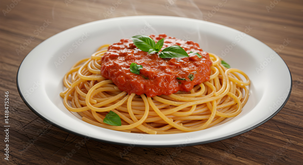Steaming Spaghetti Delights With Tomato Sauce And Basil On Rustic Table Steaming Spaghetti Delights With Tomato Sauce And Basil On Rustic Table