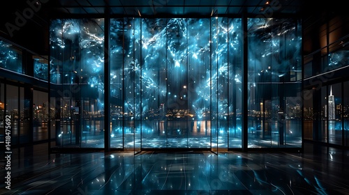a glass wall with a large blue light