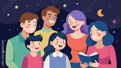 Families exchange meaningful glances and smiles as they sing together cherishing the precious moments of togetherness on this special night.. Vector illustration