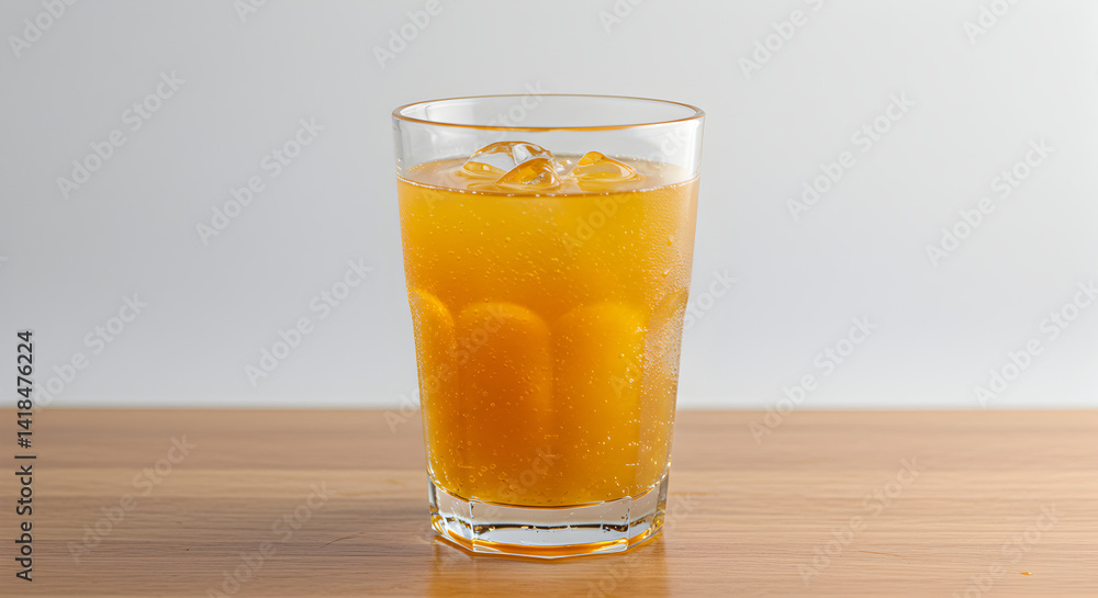 Refreshing Orange Beverage With Ice Cubes on Wooden Table Refreshing Orange Beverage With Ice Cubes on Wooden Table