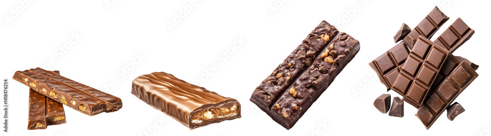 Assorted Chocolate Bars and Slices on a White Background, Isolated on Transparent Background Assorted Chocolate Bars and Slices on a White Background, Isolated on Transparent Background